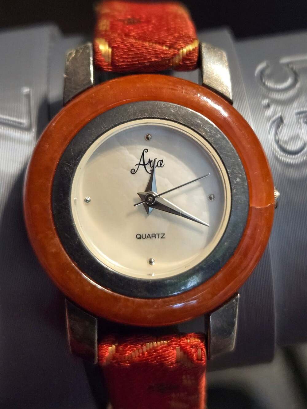 Aria Quartz Ladies Watch with Red Brocade Fabric Strap WORKS